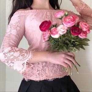 Pink Lace Bell Sleeve Blouse